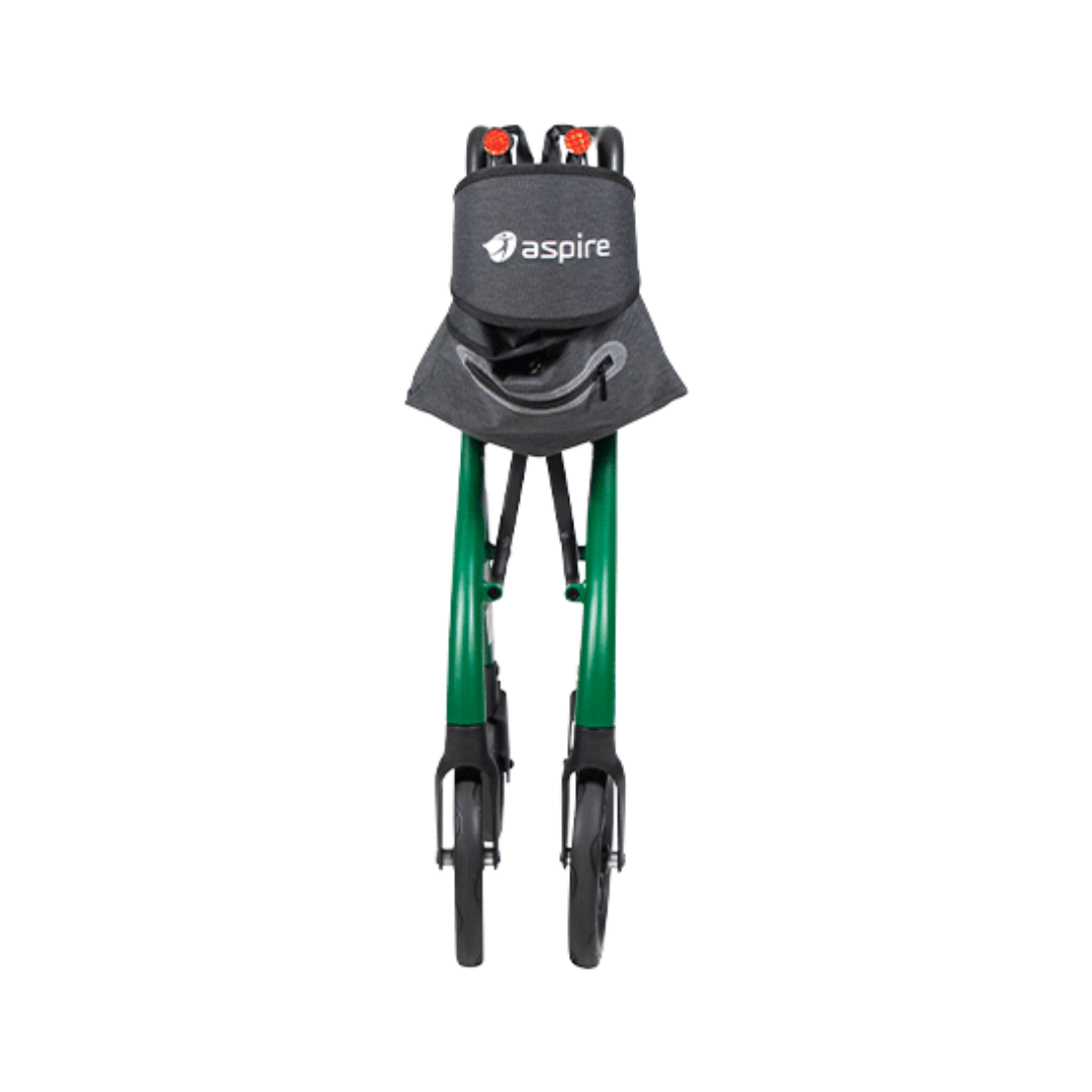 Aspire Oslo Seat Walker – Lightweight black rollator with seat and storage bag.