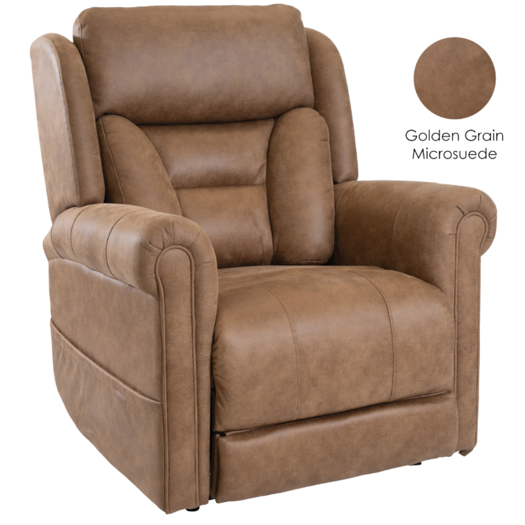 Brown recliner chair with 'Golden Grain Microsuede' swatch on a white background