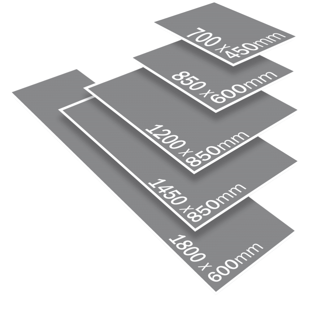 Set of gray rectangular sheets with dimensions printed on them, stacked vertically.