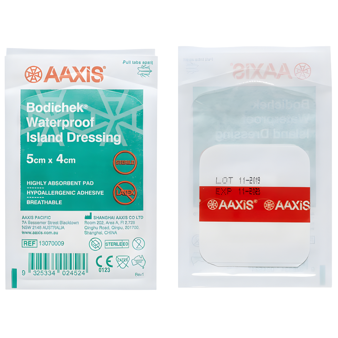 Bodichek Waterproof Film Island Dressing Sterile waterproof wound dressing with absorbent pad.