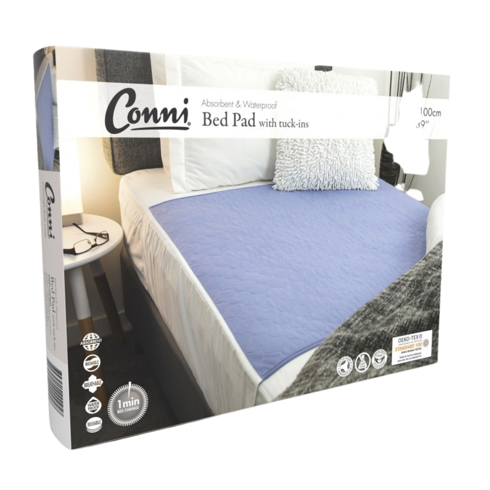 Packaging of Conni Bed Pad with Tuck-ins in mauve color, showing the bed pad on a mattress and details of the product features.