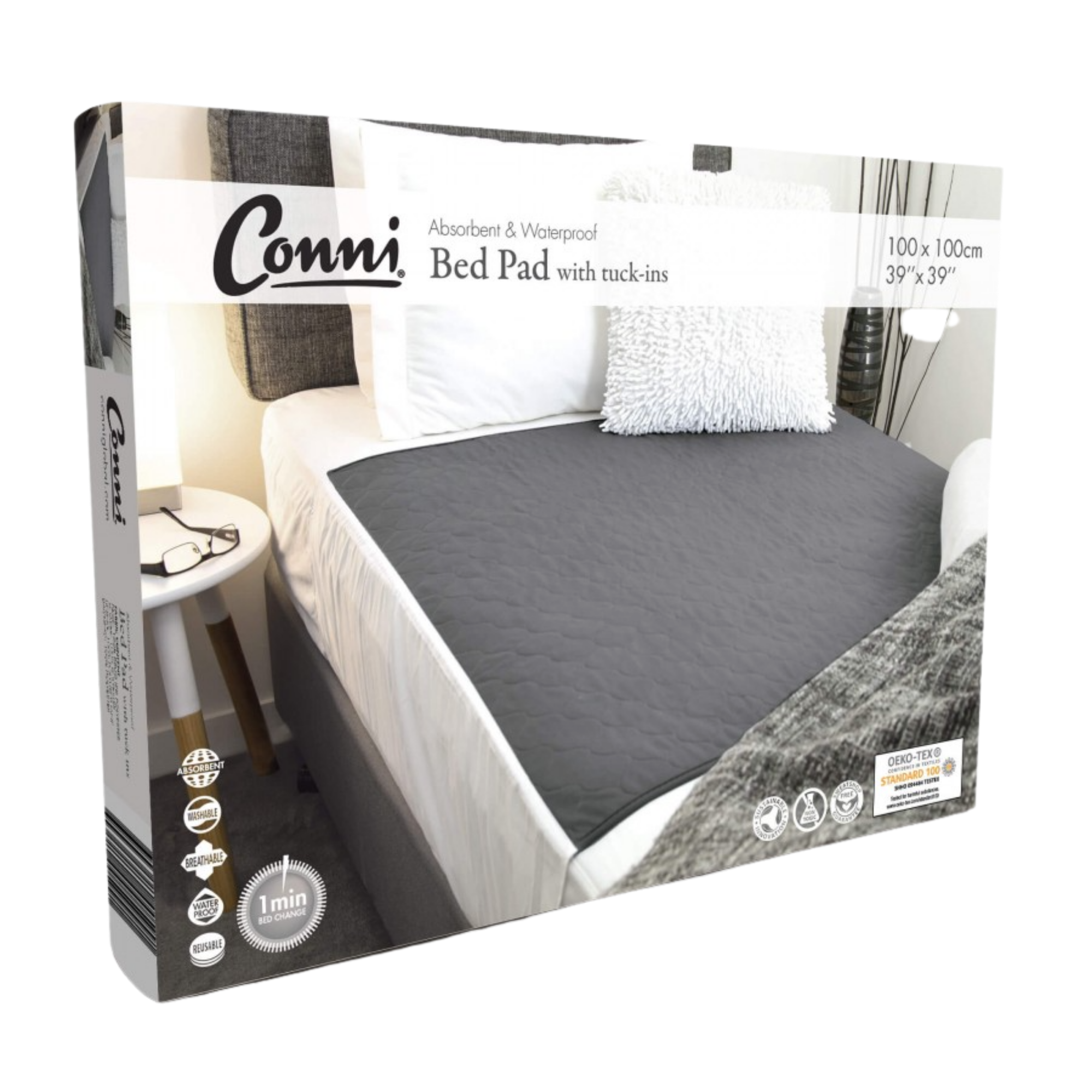 Packaging of Conni Bed Pad with Tuck-ins in charcoal color displayed in a home setting, indicating the product is for incontinence use.
