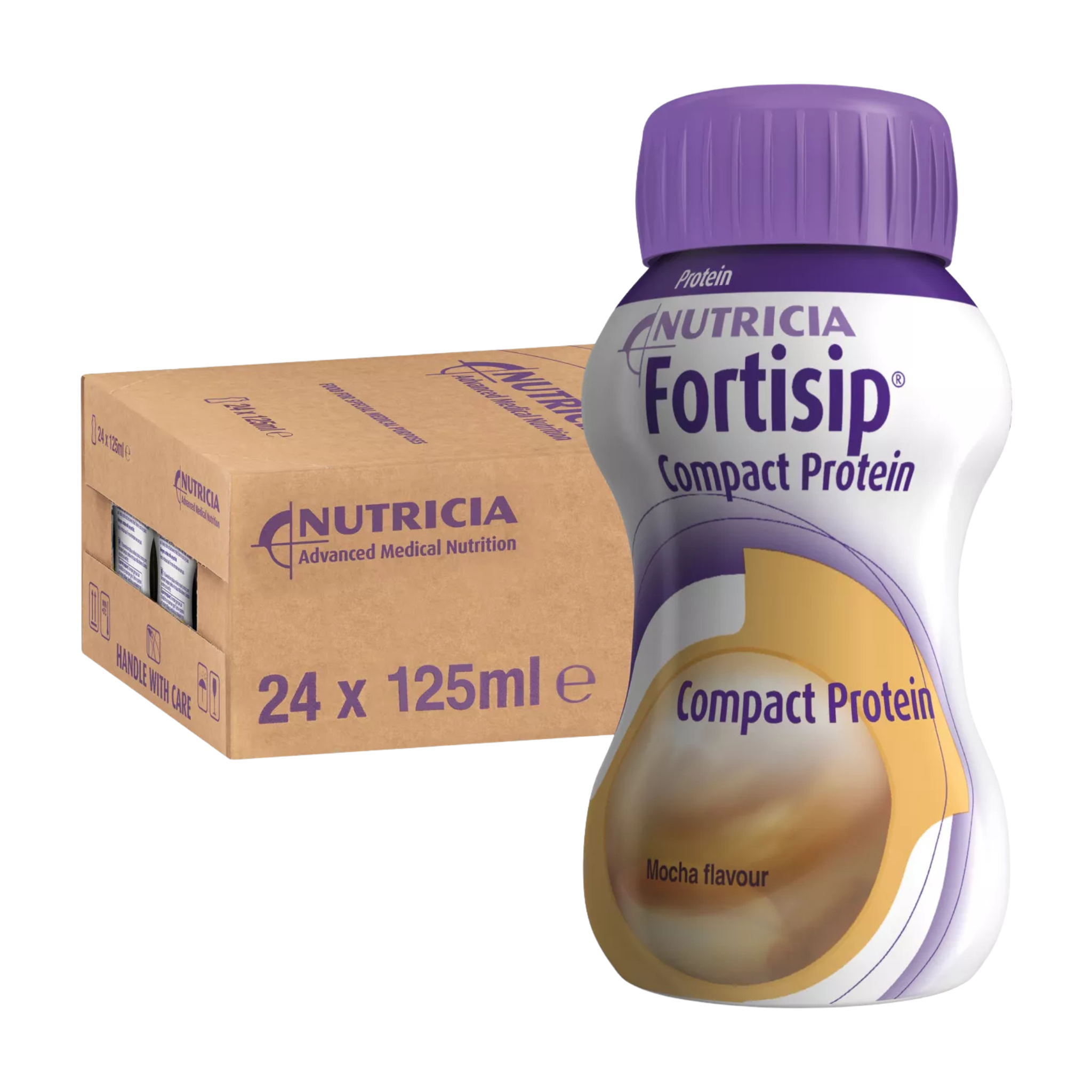 Nutricia Fortisip Compact Protein bottle with packaging on a white background