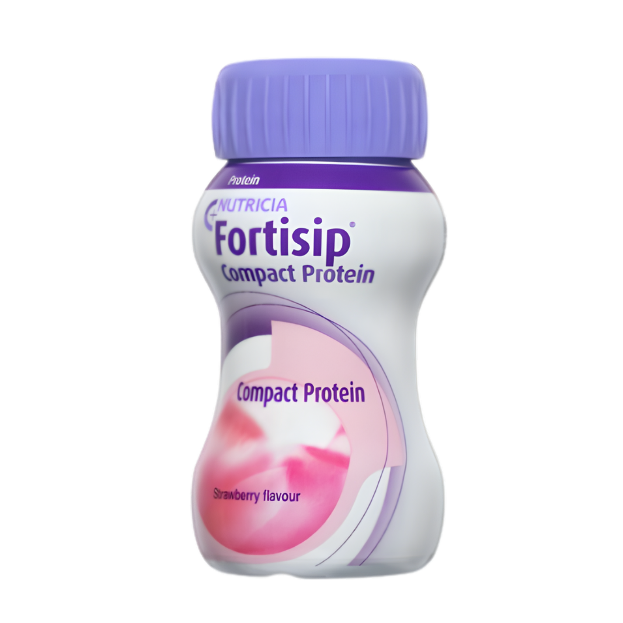 Fortisip Compact Protein bottle with strawberry flavor on a white background