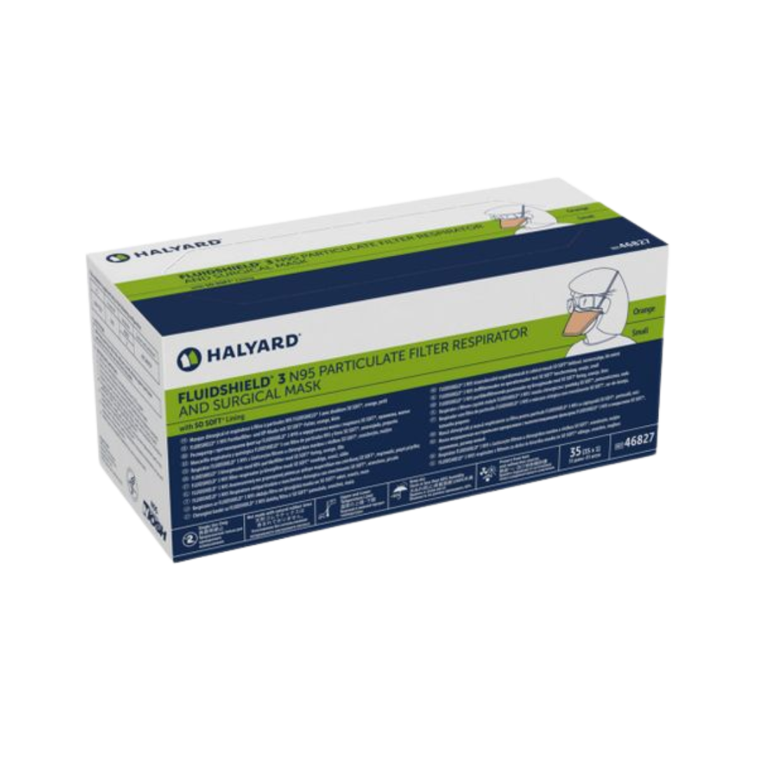 Halyard Fluidshield N95 small face mask with head straps for secure fit and fluid resistance.