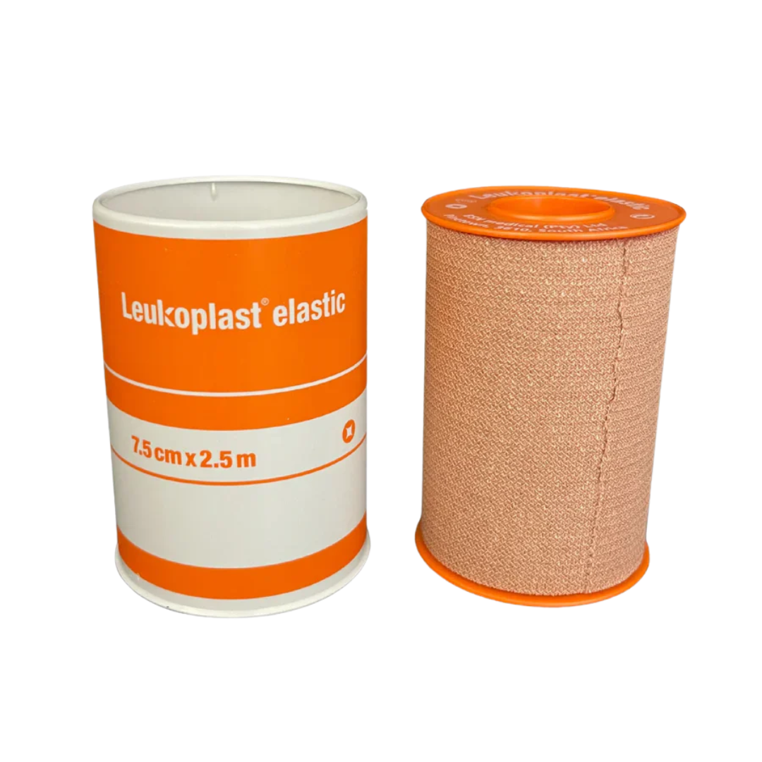 Leukoplast Elastic Zinc Oxide Tape in tan, 7.5cm x 2.5m roll, designed for flexible joint support and secure medical dressing fixation with breathable, skin-friendly adhesive.