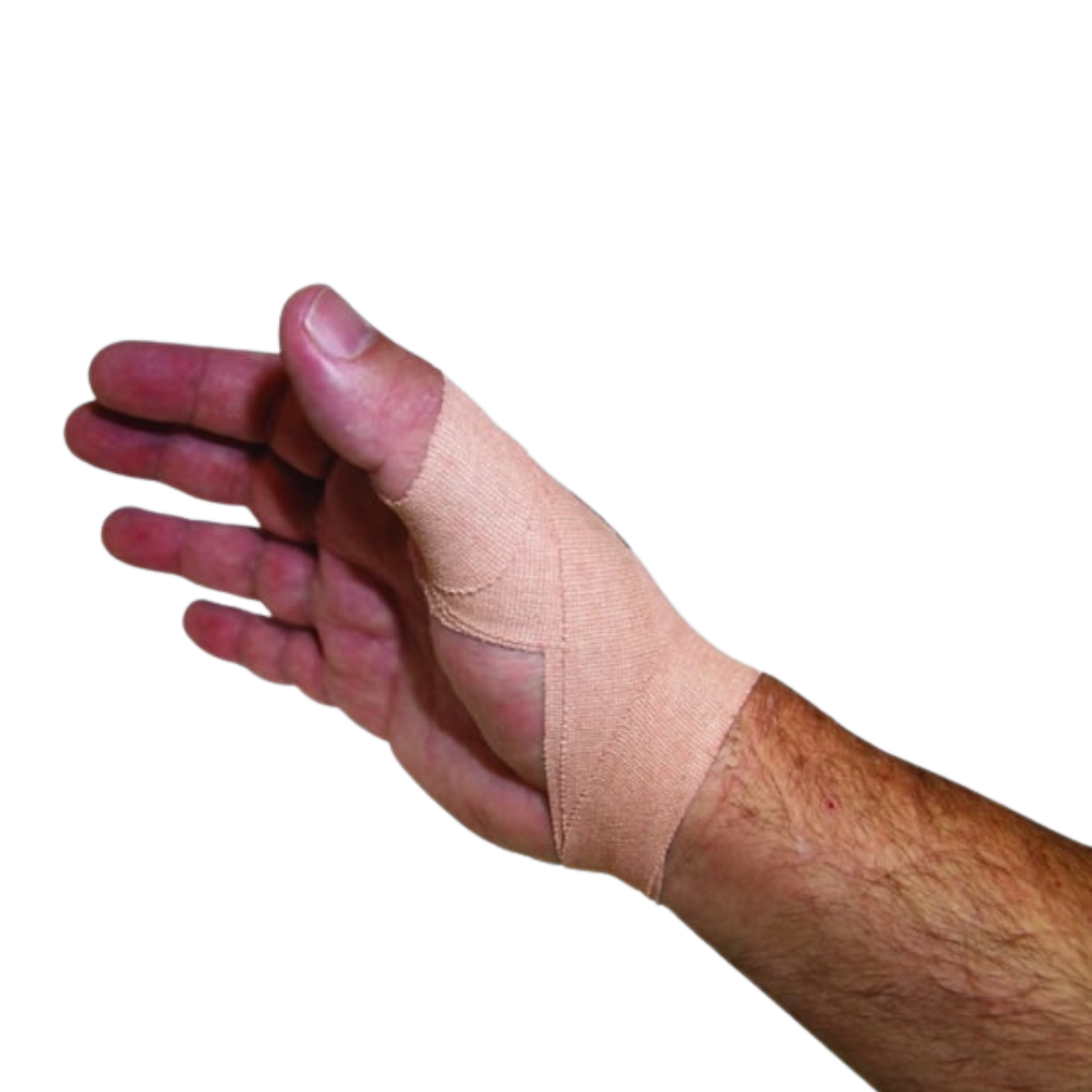 Leukoplast Elastic Zinc Oxide Tape in tan, 7.5cm x 2.5m roll, designed for flexible joint support and secure medical dressing fixation with breathable, skin-friendly adhesive.