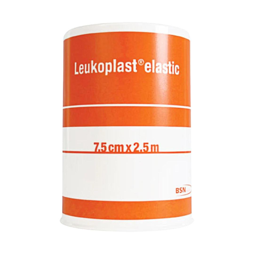 Leukoplast Elastic Zinc Oxide Tape in tan, 7.5cm x 2.5m roll, designed for flexible joint support and secure medical dressing fixation with breathable, skin-friendly adhesive.