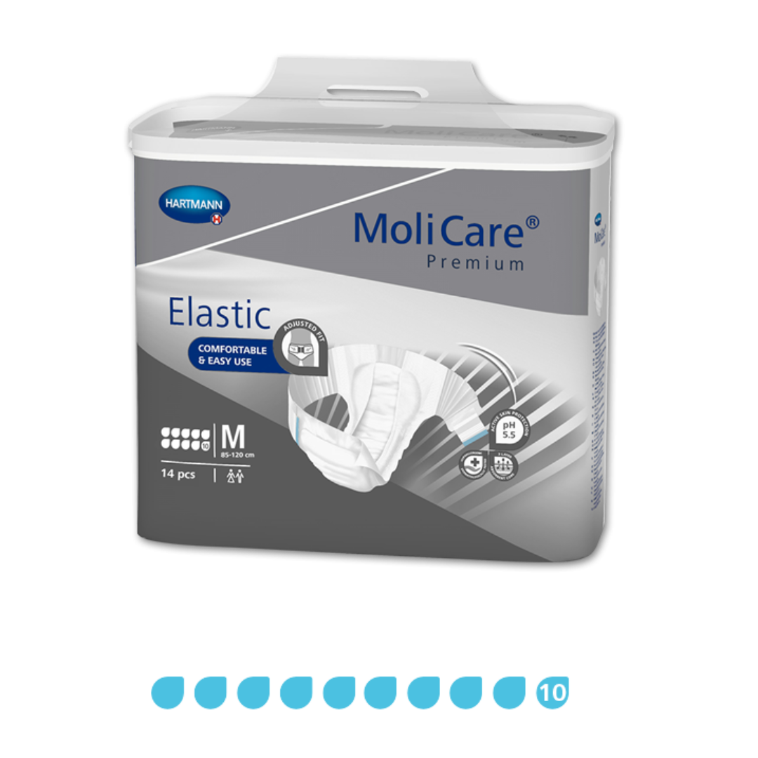 MoliCare Premium Elastic 10 Drops Medium adult incontinence pad – high absorbency and comfort.