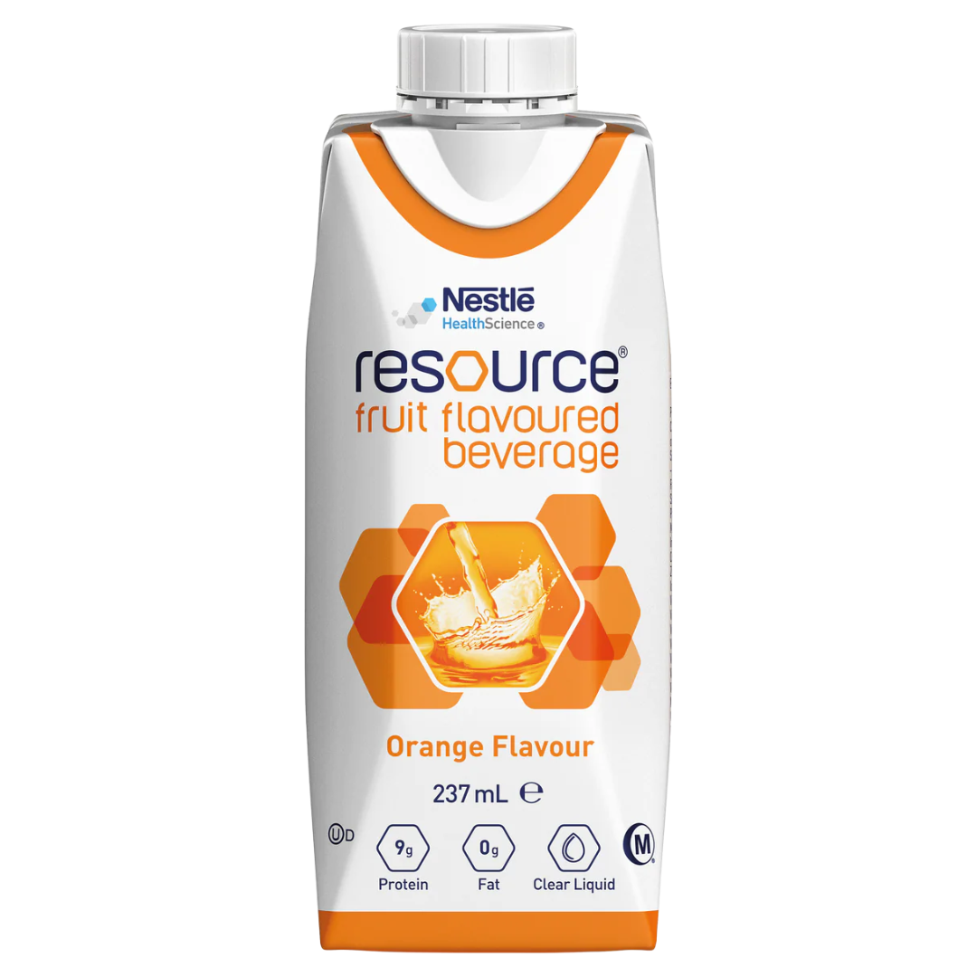 Nestlé Resource Fruit Beverage Prism 237ml – high-protein, fat-free nutritional supplement in fruit flavours for clear fluid diets and malnutrition support.