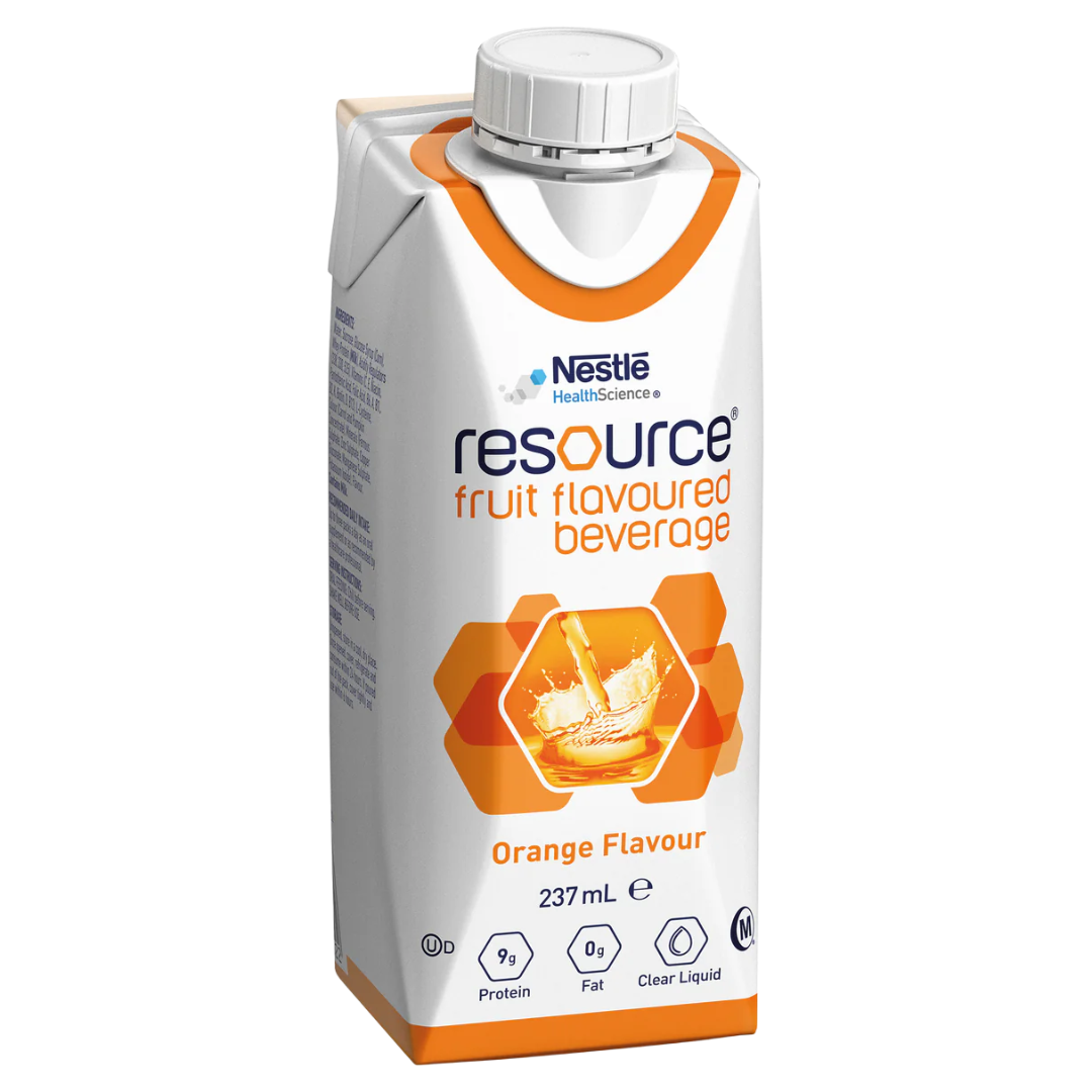 Nestlé Resource Fruit Beverage Prism 237ml – high-protein, fat-free nutritional supplement in fruit flavours for clear fluid diets and malnutrition support.