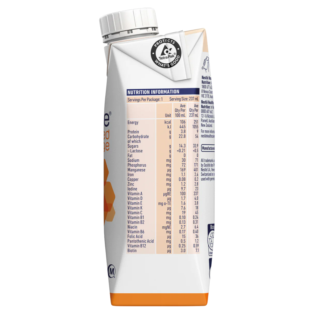 Nestlé Resource Fruit Beverage Prism 237ml – high-protein, fat-free nutritional supplement in fruit flavours for clear fluid diets and malnutrition support.