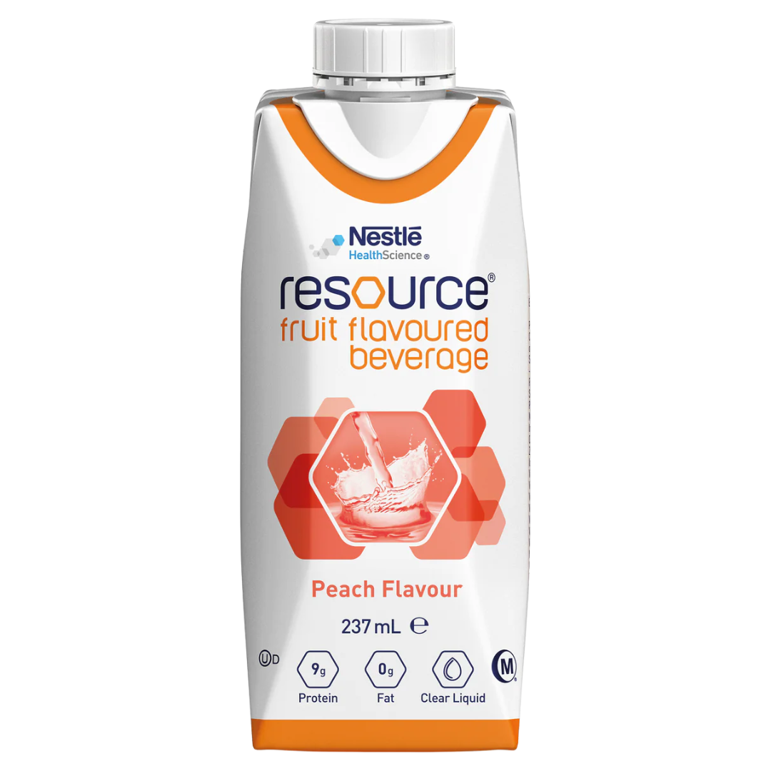 Nestlé Resource Fruit Beverage Peach Prism 237ml, a clear fluid nutritional supplement for hydration and energy support in clinical care.