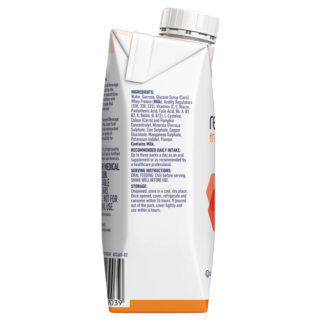 Nestlé Resource Fruit Beverage Peach Prism 237ml, a clear fluid nutritional supplement for hydration and energy support in clinical care.