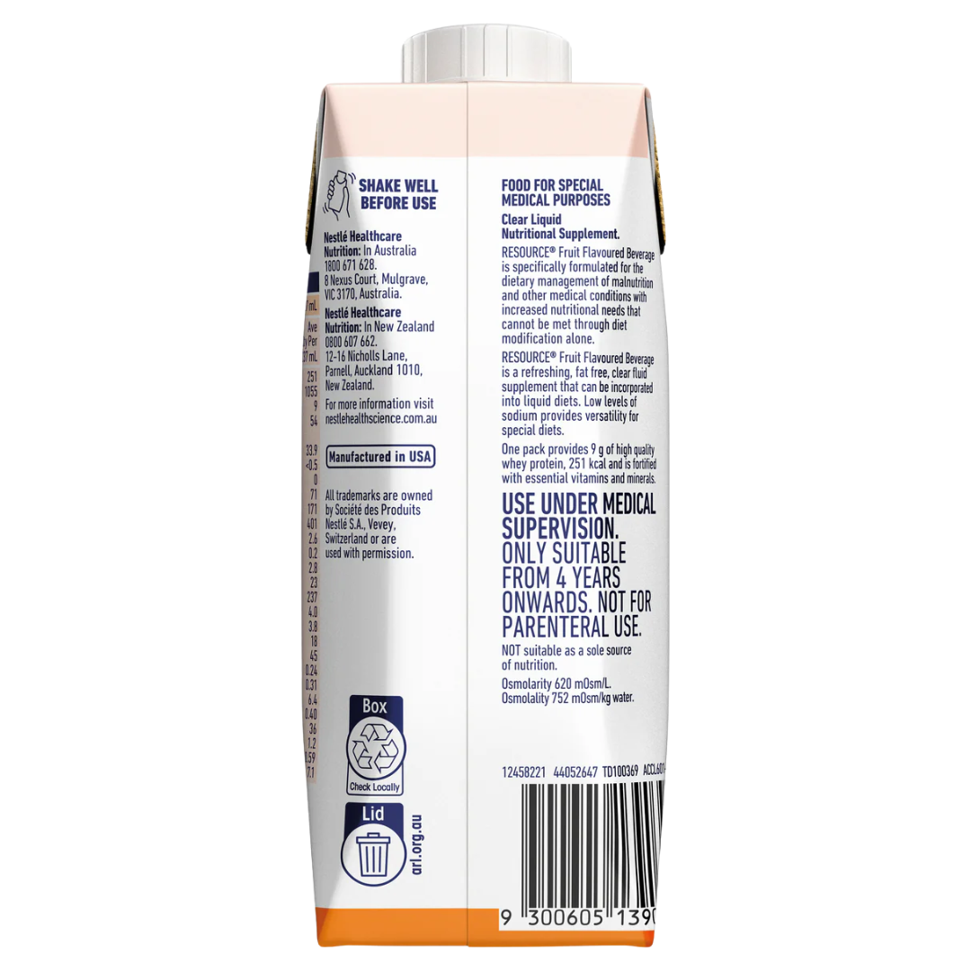 Nestlé Resource Fruit Beverage Peach Prism 237ml, a clear fluid nutritional supplement for hydration and energy support in clinical care.