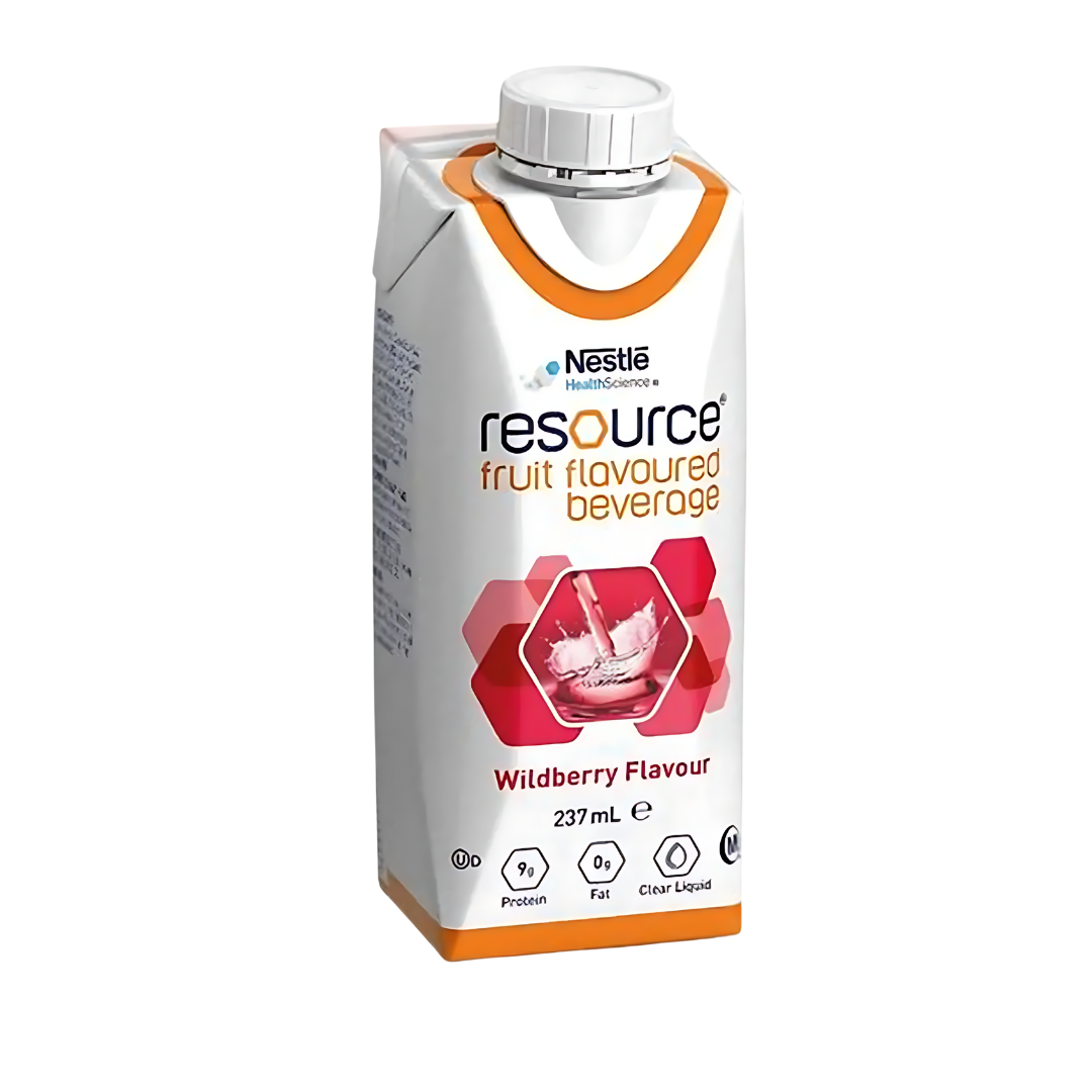 Nestlé Resource Fruit Beverage Prism 237ml – high-protein, fat-free nutritional supplement in fruit flavours for clear fluid diets and malnutrition support.