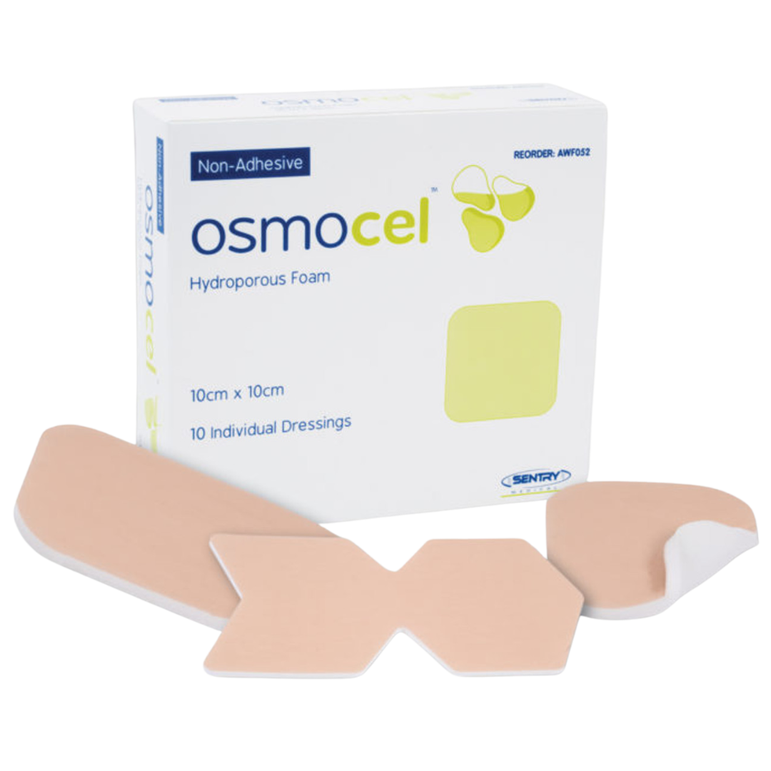 OsmoCel hydroprous foam dressing pack with assorted shapes for wound care. Non-adhesive, soft, and highly absorbent for effective healing.
