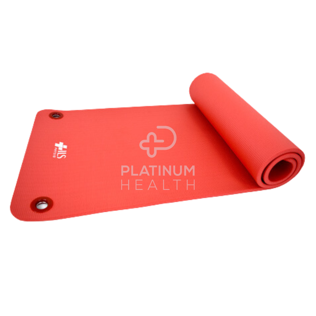 Red 15mm Pilates & Yoga Exercise Mat rolled up, highlighting its lightweight and portable design for easy transport and storage