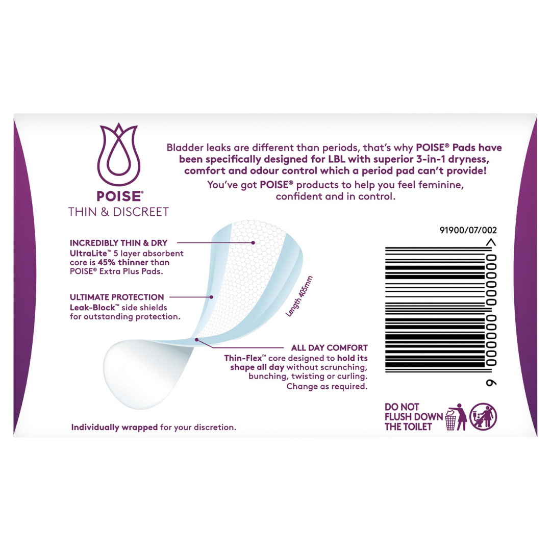 Poise Thin & Discreet Ultra Long Pads pack – ultra-absorbent bladder leakage protection with slim fit and odour control.