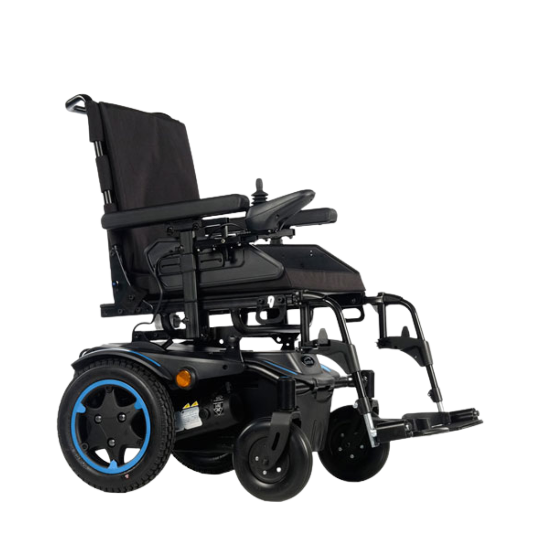 Quickie Q100 ultra-compact power wheelchair with smart base, foldable backrest, and adjustable comfort seating for indoor and outdoor mobility.