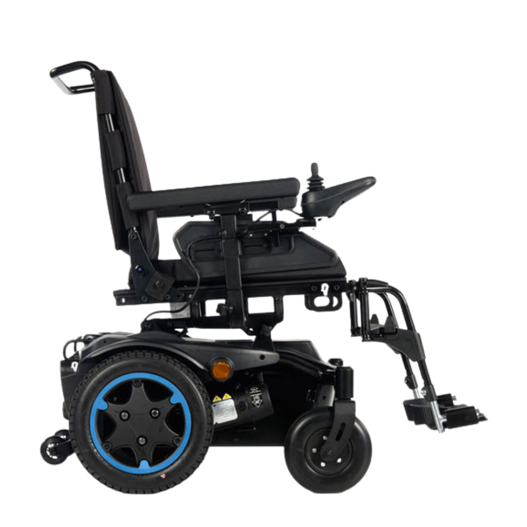 Quickie Q100 ultra-compact power wheelchair with smart base, foldable backrest, and adjustable comfort seating for indoor and outdoor mobility.