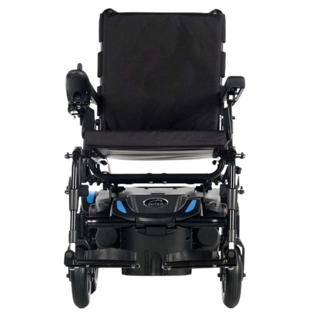 Quickie Q100 ultra-compact power wheelchair with smart base, foldable backrest, and adjustable comfort seating for indoor and outdoor mobility.