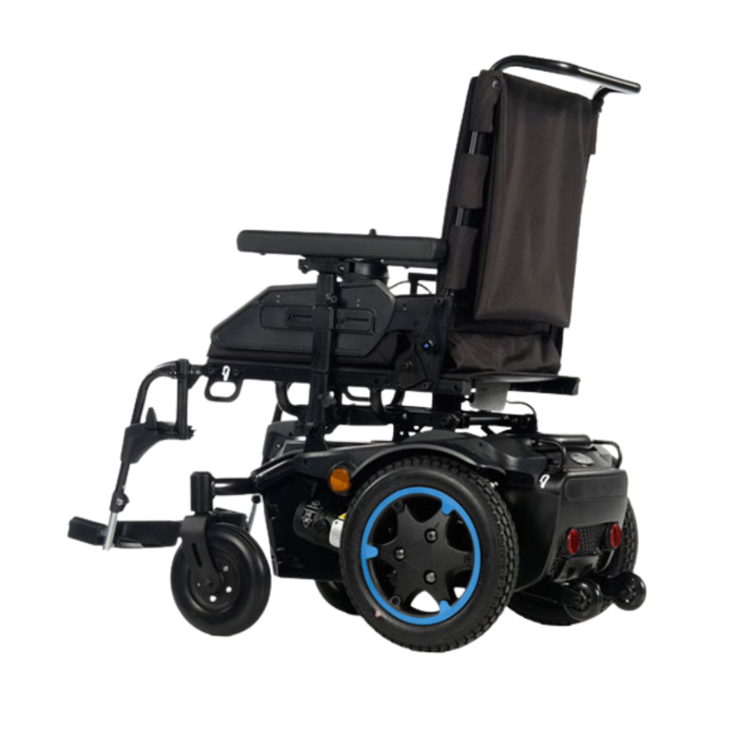 Quickie Q100 ultra-compact power wheelchair with smart base, foldable backrest, and adjustable comfort seating for indoor and outdoor mobility.