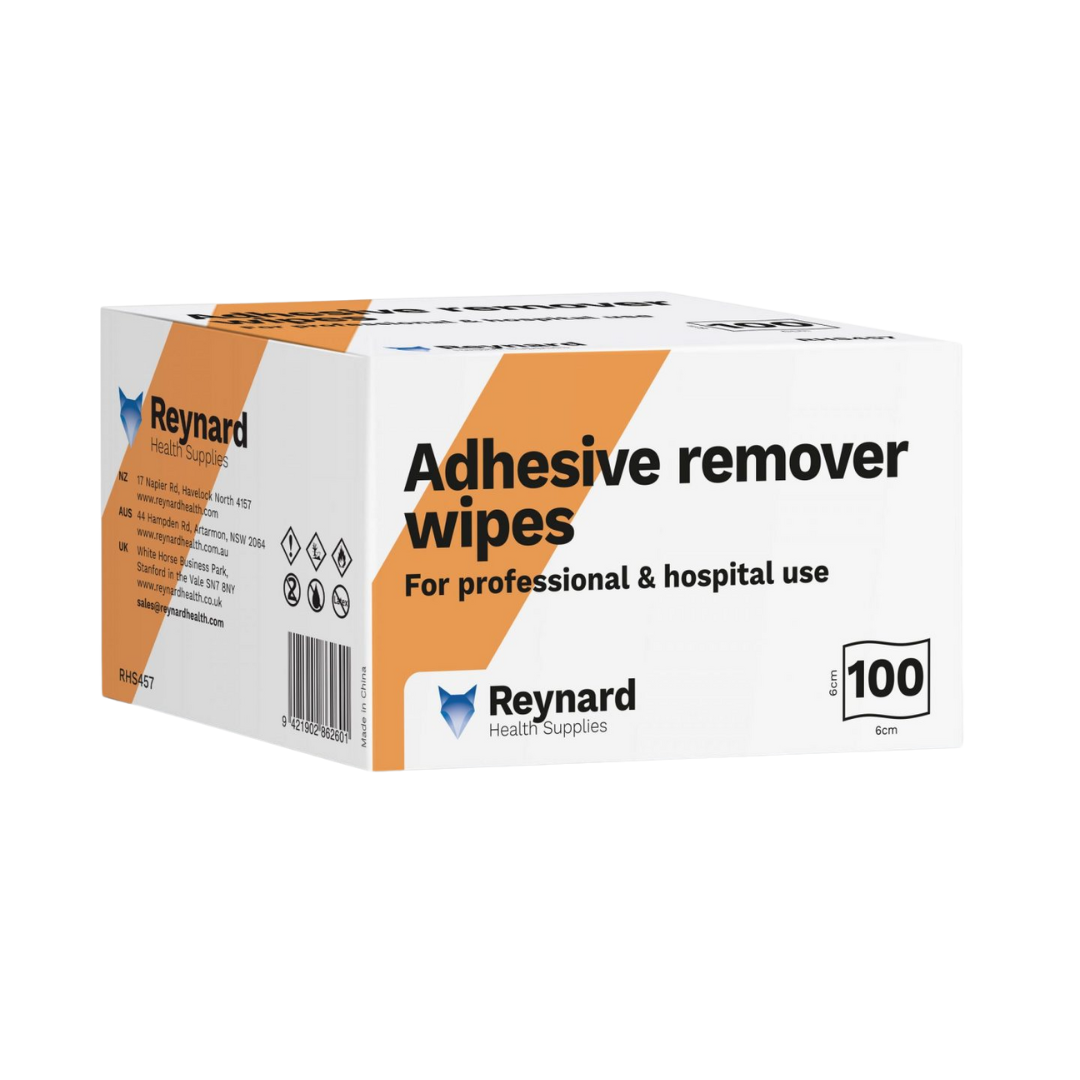 Reynard Adhesive Removal Wipes – 6x6cm individually wrapped, alcohol-free wipes for safe and gentle removal of adhesive residue.