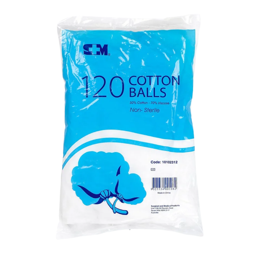S+M Cotton Balls 120 pieces, non-sterile, 30% cotton and 70% viscose, in blue and white packaging.
