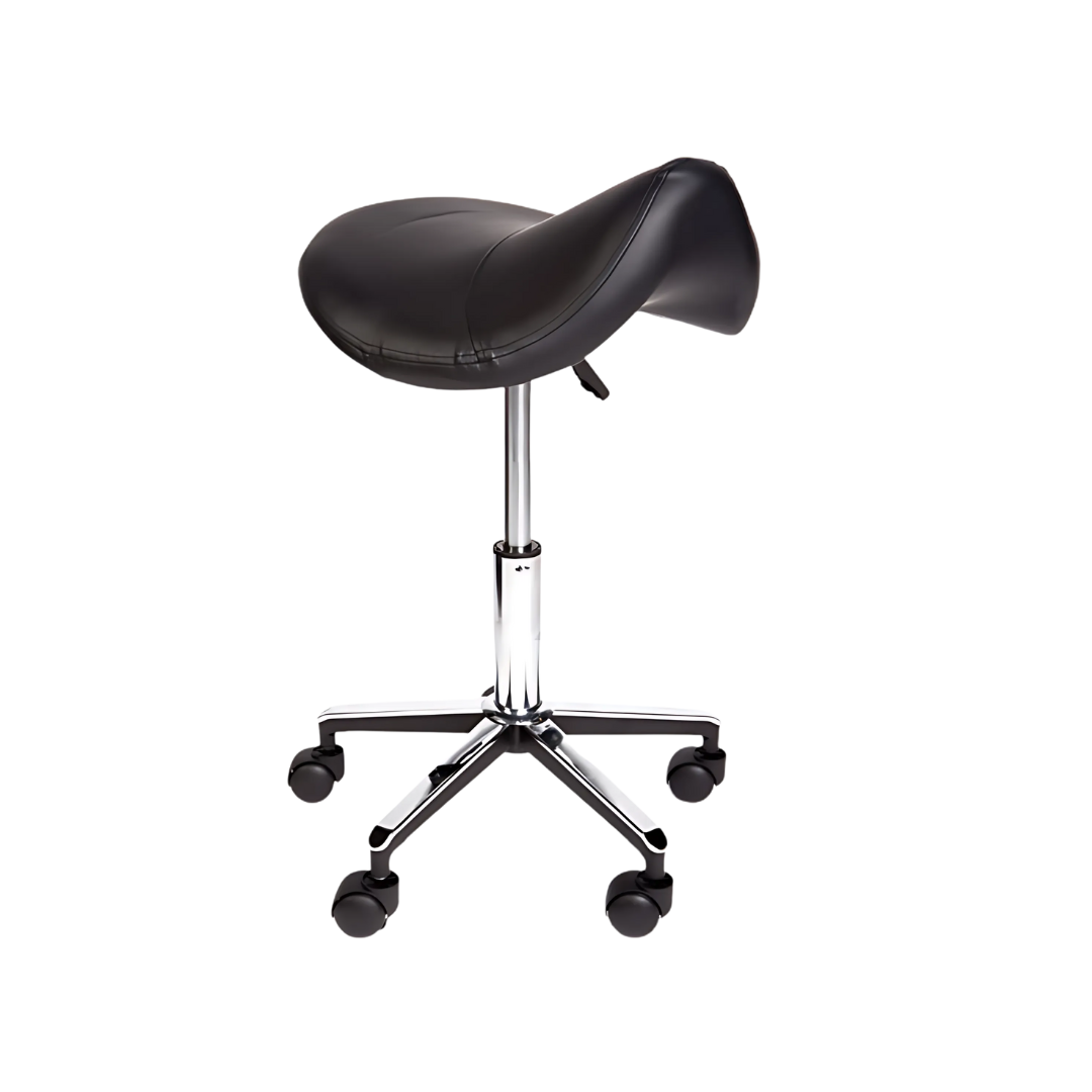 Adjustable black saddle stool with gas lift – ergonomic chair for professional or clinical use.