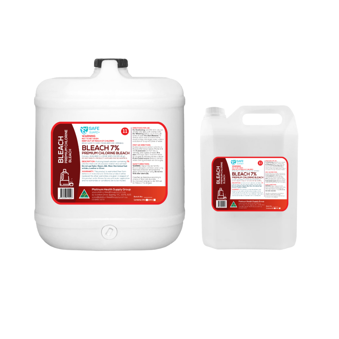 Container of SafeGuard+ Bleach 7% disinfectant, designed for high-level cleaning, stain removal, and sanitation in commercial, industrial, and home environments.
