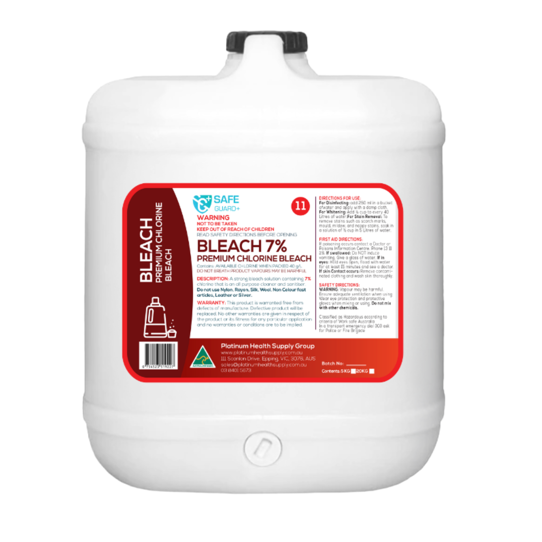 Container of SafeGuard+ Bleach 7% disinfectant, designed for high-level cleaning, stain removal, and sanitation in commercial, industrial, and home environments.