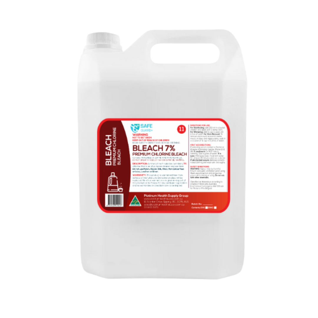 Container of SafeGuard+ Bleach 7% disinfectant, designed for high-level cleaning, stain removal, and sanitation in commercial, industrial, and home environments.