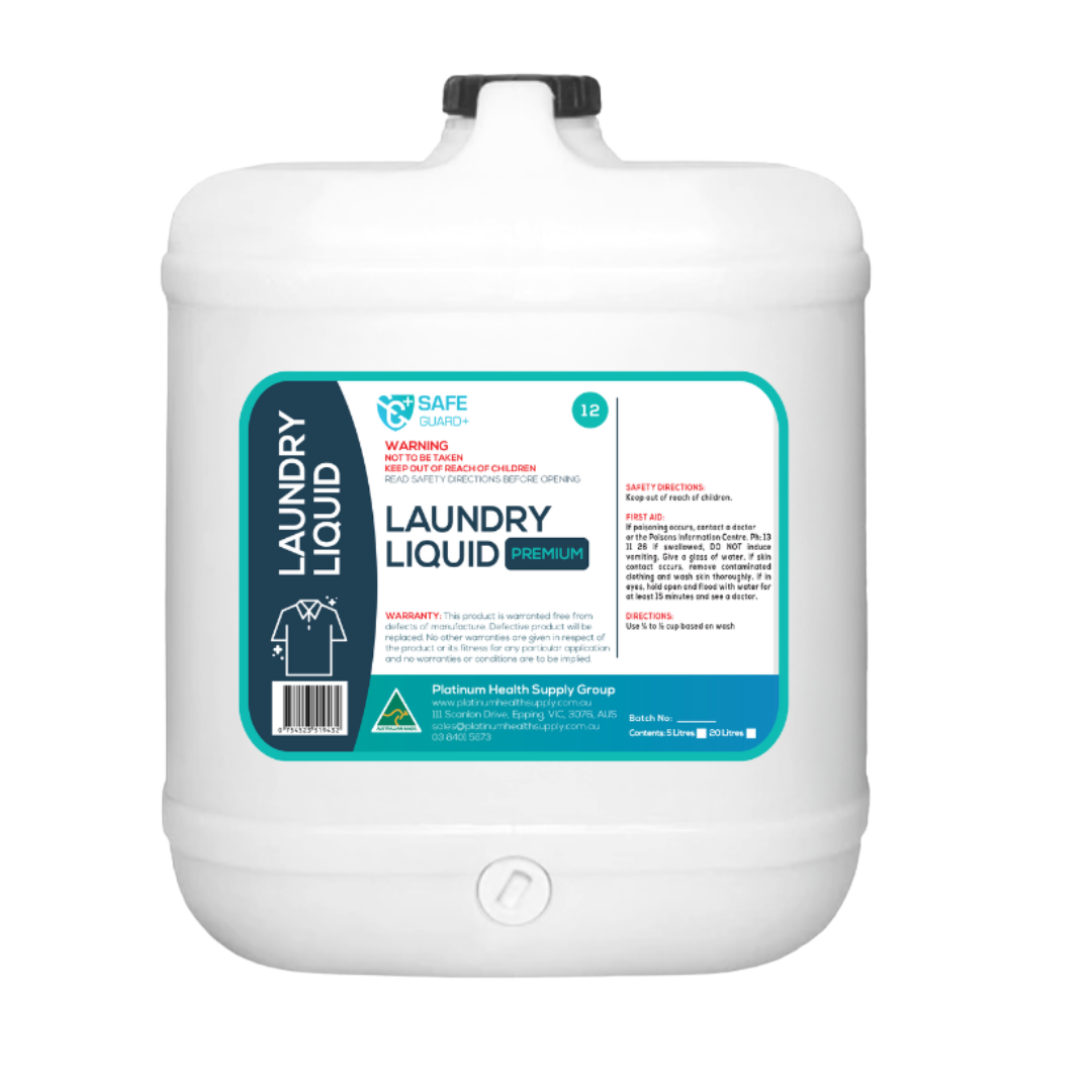 Bottle of SafeGuard+ Laundry Liquid, designed for effective stain removal and fabric care in residential, healthcare, and commercial laundry settings.