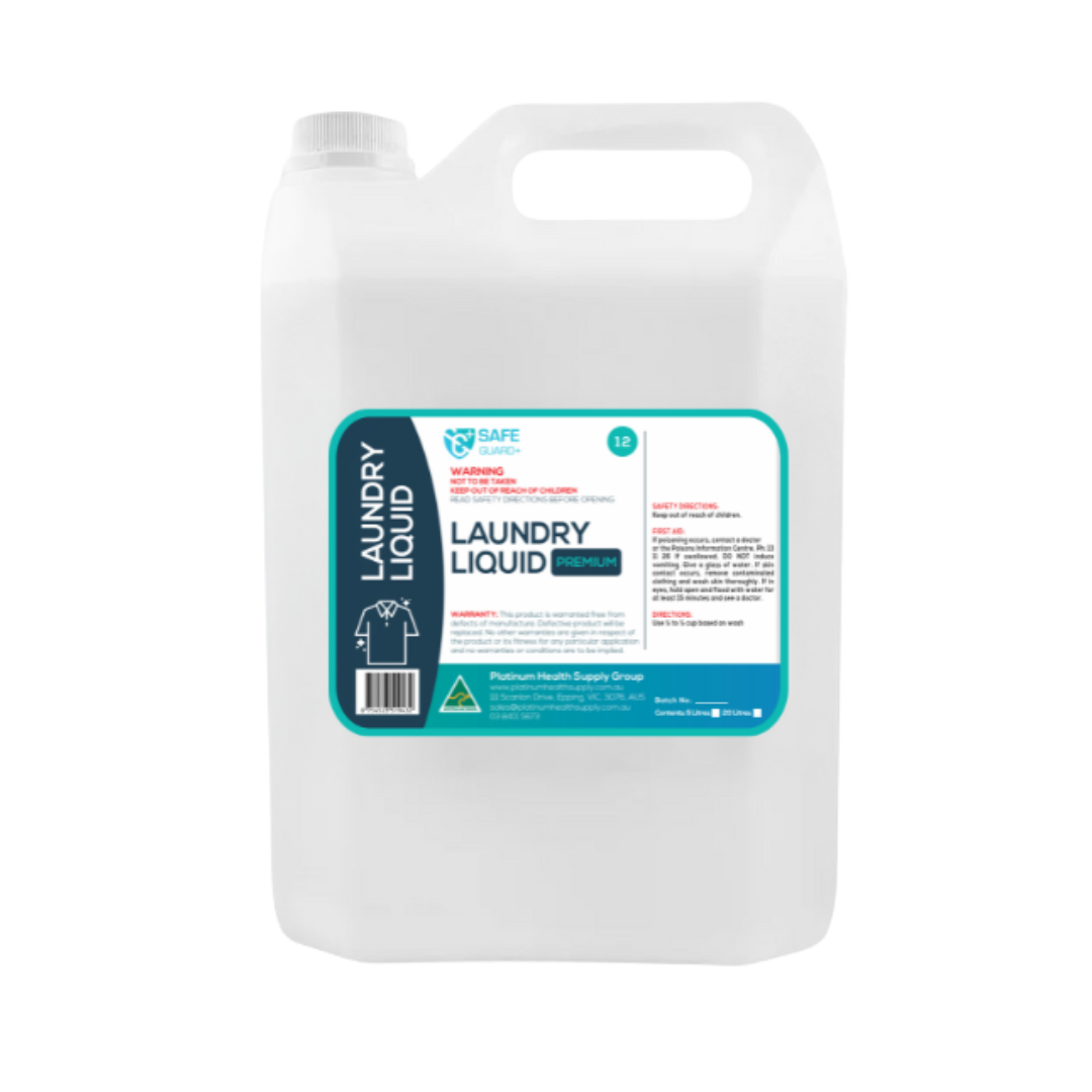 Bottle of SafeGuard+ Laundry Liquid, designed for effective stain removal and fabric care in residential, healthcare, and commercial laundry settings.