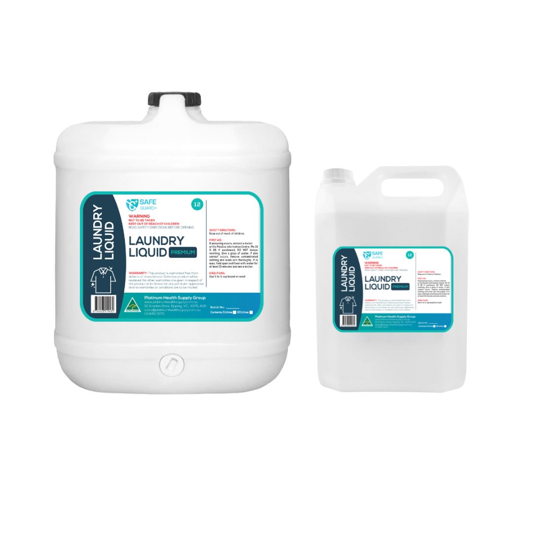 Bottle of SafeGuard+ Laundry Liquid, designed for effective stain removal and fabric care in residential, healthcare, and commercial laundry settings.