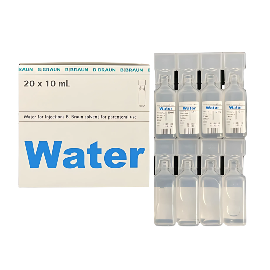 Box of 20 MPC Sterile Water for Injection 10mL ampoules – medical-grade, single-use vials for safe drug preparation.