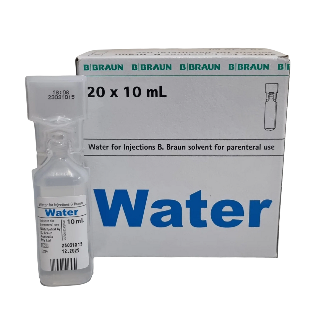 Box of 20 MPC Sterile Water for Injection 10mL ampoules – medical-grade, single-use vials for safe drug preparation.