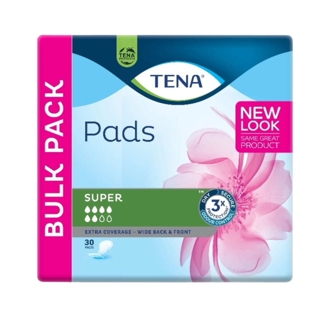 Tena Pads - Super Incontinence Pads - Bulk Pack (30 count) - 5-Drop Absorbency - Triple Protection (Dry - Secure - Odour Control) - New Look.