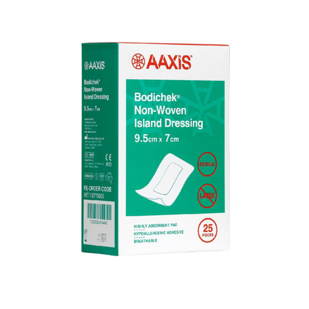 AAXIS Bodichek Non-Woven Island Dressing box, size 9.5cm x 7cm, containing 25 pieces. Features highly absorbent pad, hypoallergenic adhesive, and breathable design.
