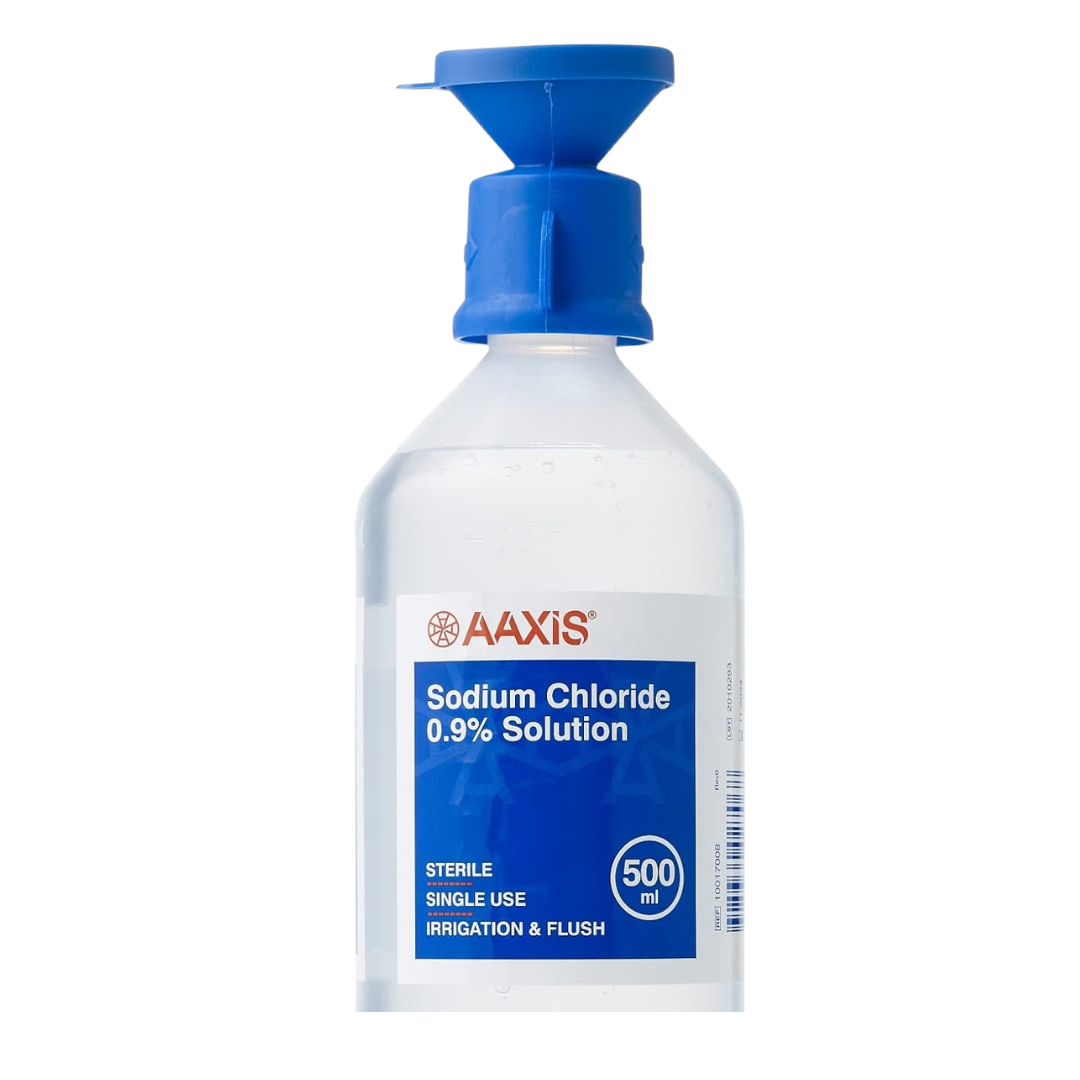 AAXIS Sodium Chloride 0.9% Solution, 500ml bottle, sterile single-use for irrigation and flush, with blue cap and label

