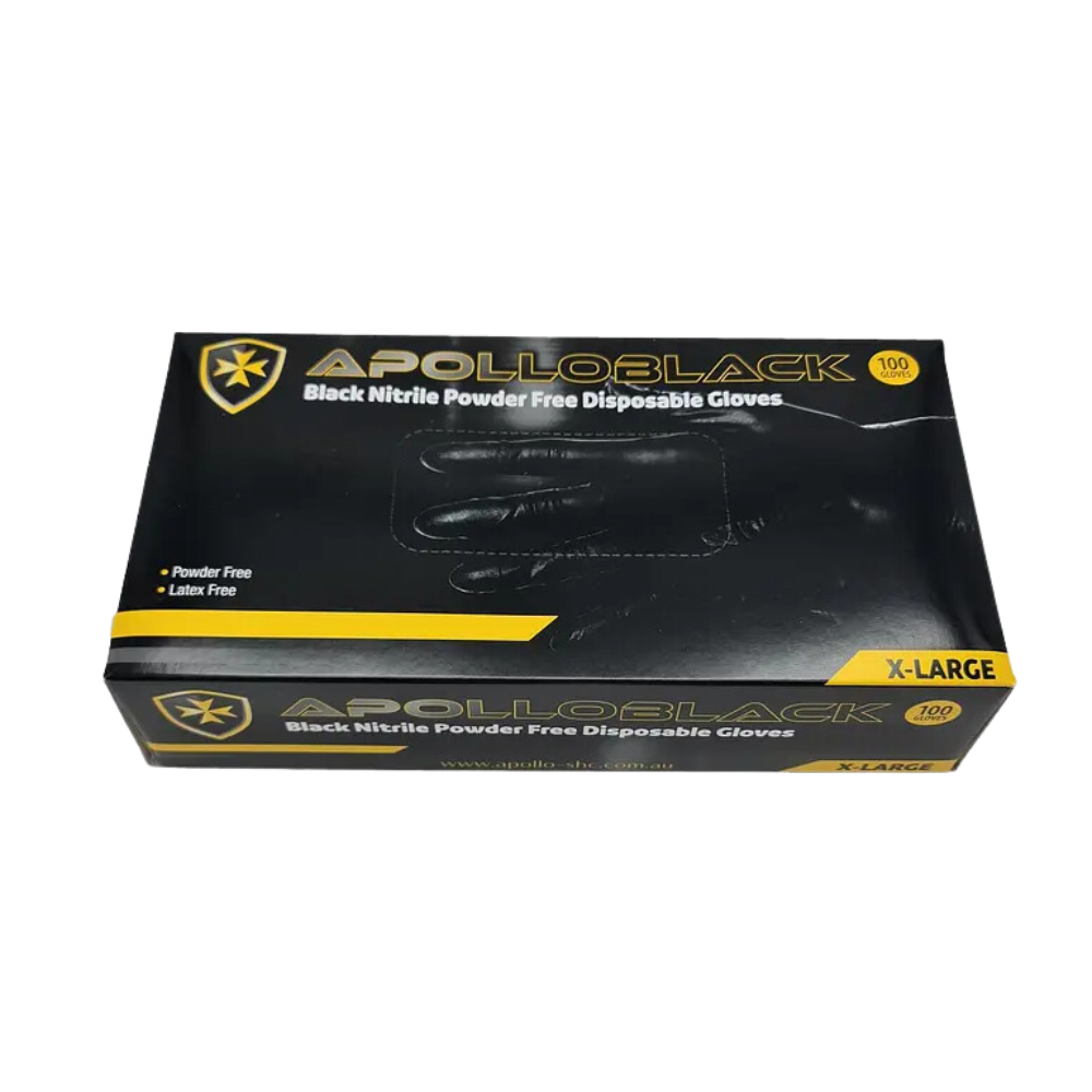 Box of Apollo 6g Black Nitrile Industrial Disposable Gloves – powder-free and latex-free with textured fingertips