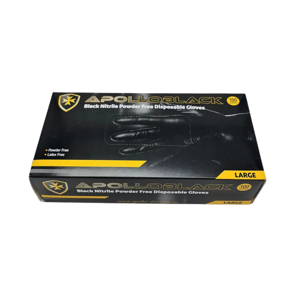 Box of Apollo 6g Black Nitrile Industrial Disposable Gloves – powder-free and latex-free with textured fingertips