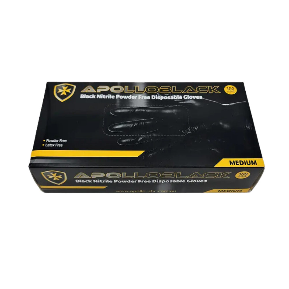 Box of Apollo 6g Black Nitrile Industrial Disposable Gloves – powder-free and latex-free with textured fingertips