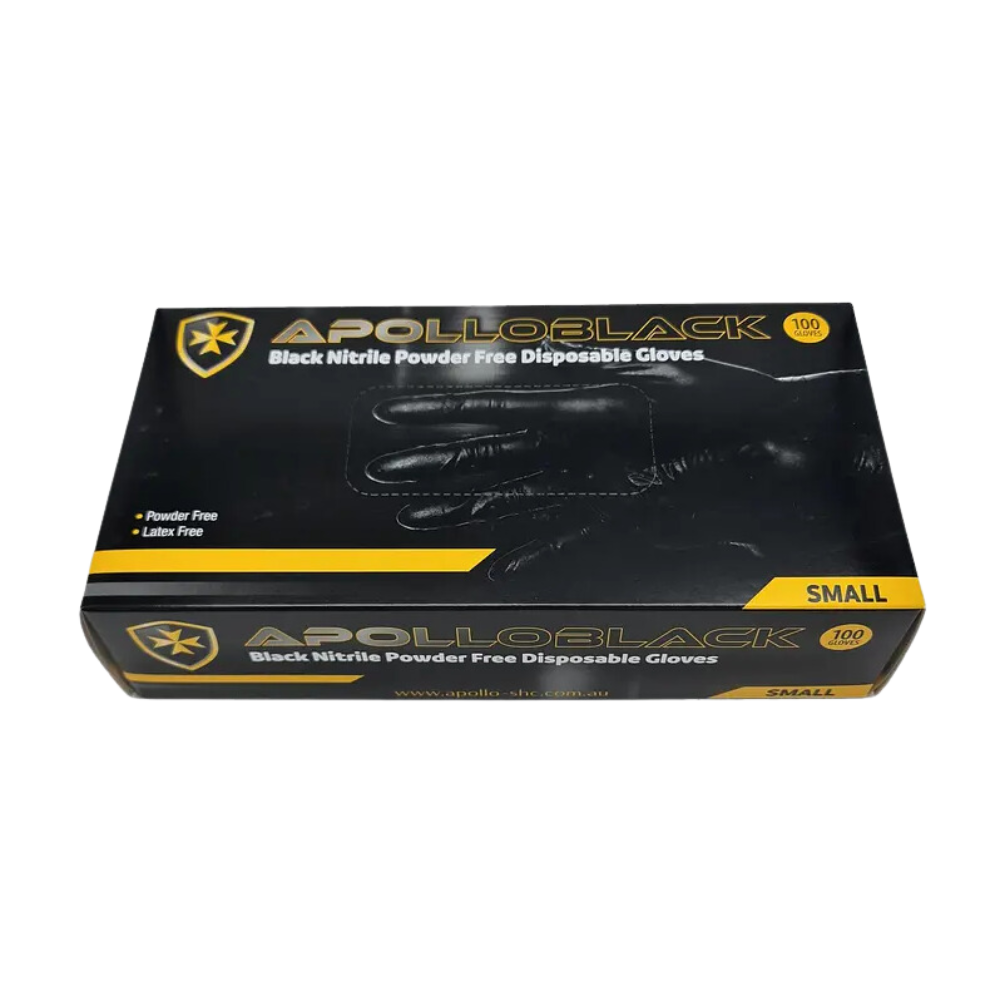 Box of Apollo 6g Black Nitrile Industrial Disposable Gloves – powder-free and latex-free with textured fingertips