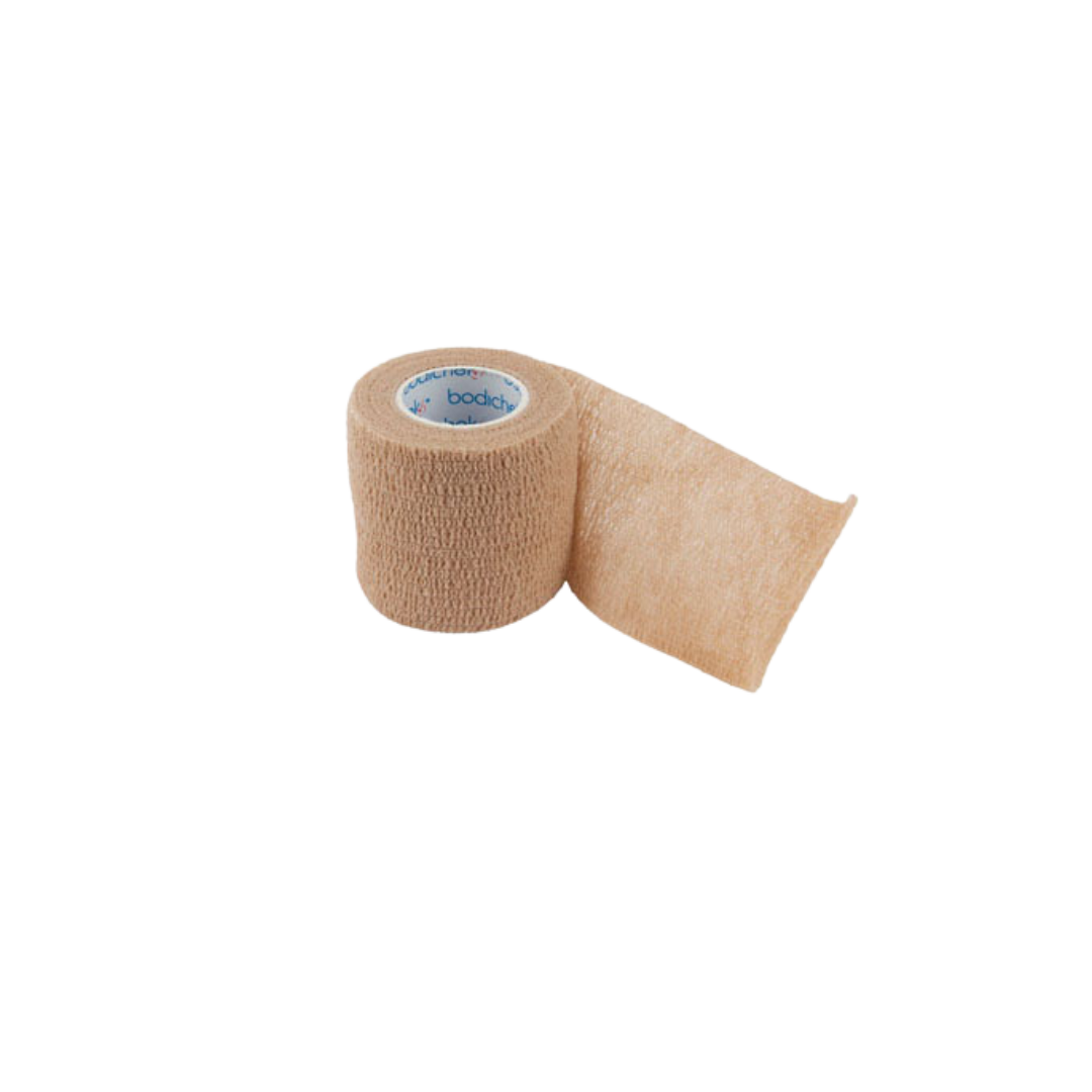 Single roll of Bodichek Elastic Cohesive Bandage in skin color, designed for secure and comfortable wound dressing or support.
