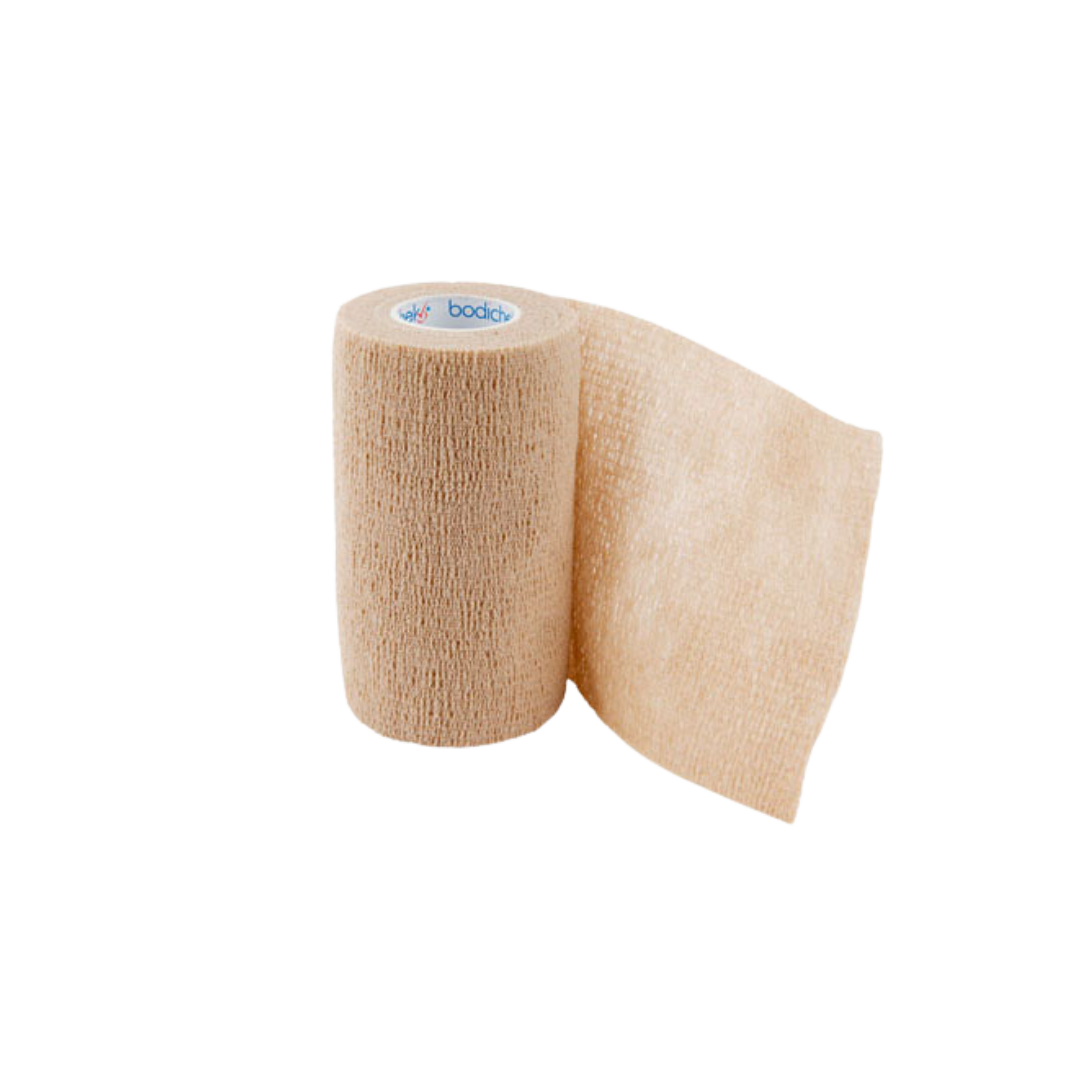 Bodichek Elastic Cohesive Bandage in tan color, size 10cm x 4.5m, offering breathable, flexible, and self-adhesive support for wound care and injury protection.
