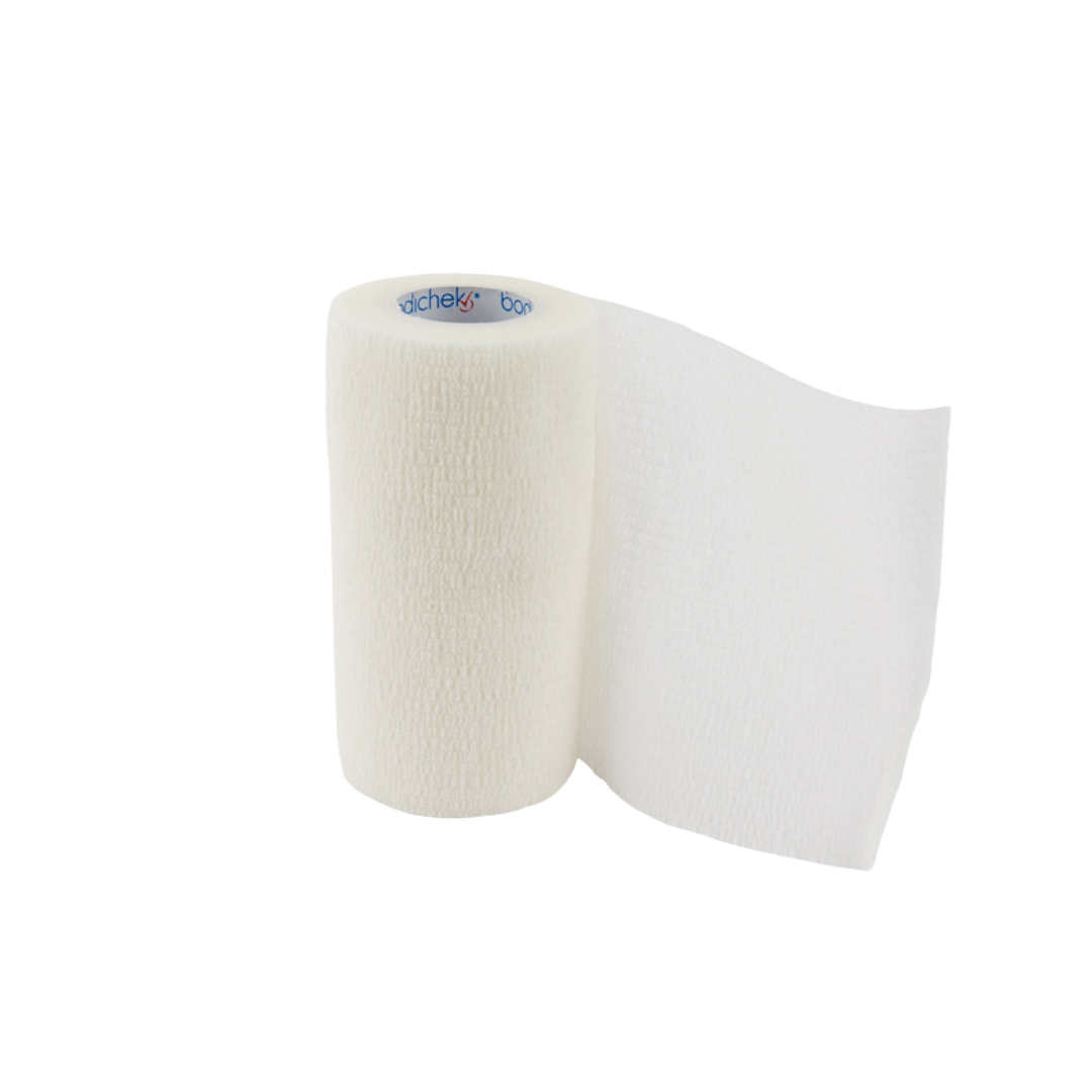 Bodichek Elastic Cohesive Bandage in white color, size 7.5cm x 4.5m, ideal for secure and comfortable dressing or compression support.
