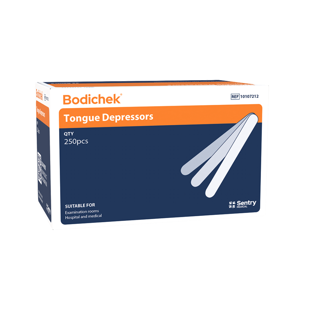 The image shows a box of Bodichek Tongue Depressors by Sentry Medical. The packaging is primarily orange and navy blue, with the Bodichek logo at the top. It specifies Tongue Depressors, quantity 250 pcs, and indicates suitability for examination rooms, hospital, and medical use. The box also displays the reference code 1010712 and an illustration of tongue depressors on the front.
