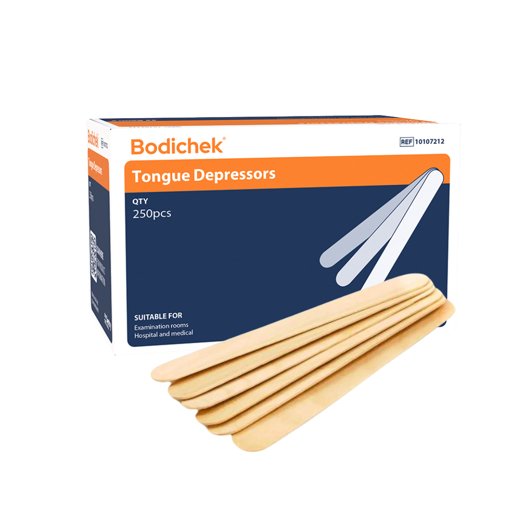 The image shows a box of Bodichek Tongue Depressors by Sentry Medical alongside a stack of wooden tongue depressors. The box features an orange and navy blue design with the Bodichek logo, product name Tongue Depressors, quantity 250 pcs, and suitability for examination rooms, hospital, and medical use. The wooden sticks are flat with rounded ends, arranged neatly in front of the box.
